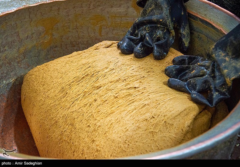 Traditional sesame halva being made in large trays