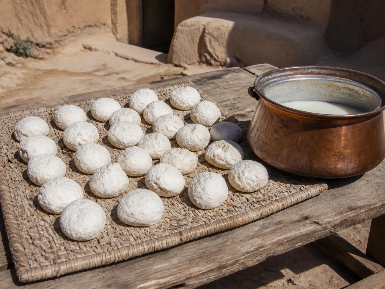 Hand-shaped kashk balls drying in the sun on a reed mat beside a copper pot of strained doogh