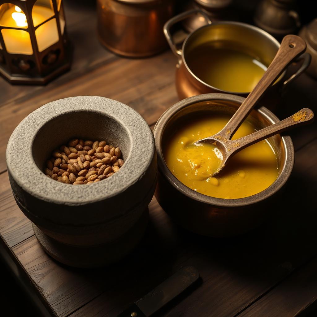 Whole mustard seeds in a stone mortar beside a bowl of freshly made mustard paste